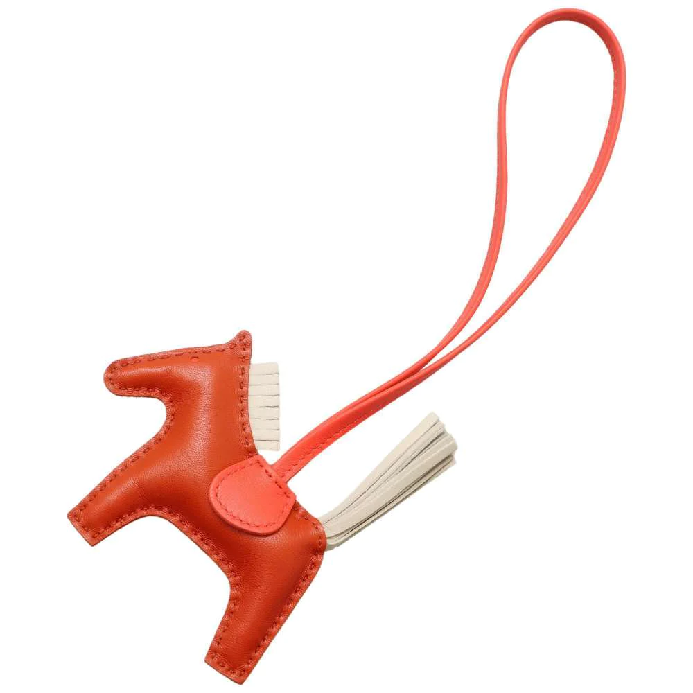 HERMES Rodeo Bag Charm Size PM Carnelian/Craie/Rose Texas Lambskin